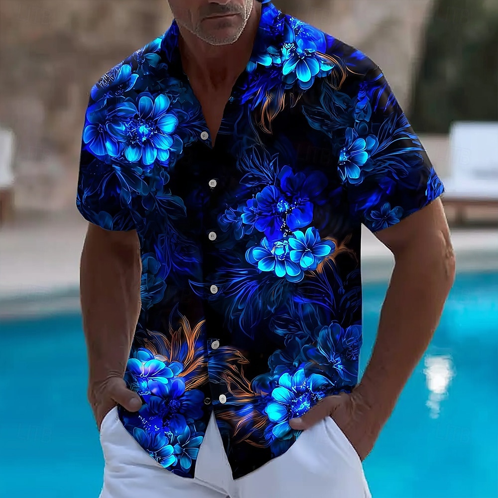 Vintage Hawaiian Floral Shirt - Herren Blumendruck Neon Glow Flowers Sommer