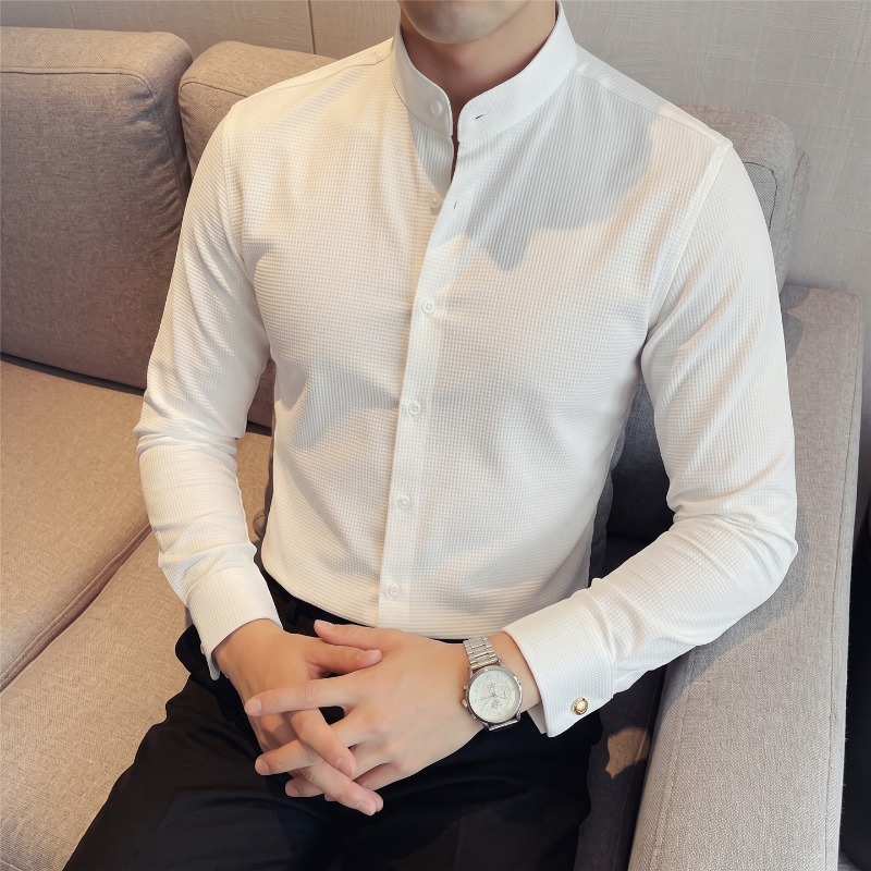 Mandarin Collar Formal Shirt Slim Fit - Herrenhemd mit Stehkragen, langen Ärmeln, Waffelstruktur,