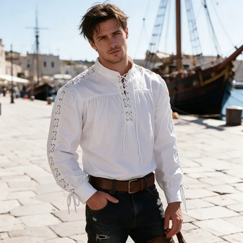 Medieval Gothic Lace Up Pirate Shirt - Mittelalterliches Piratenhemd für Herren, langärmelig, mit