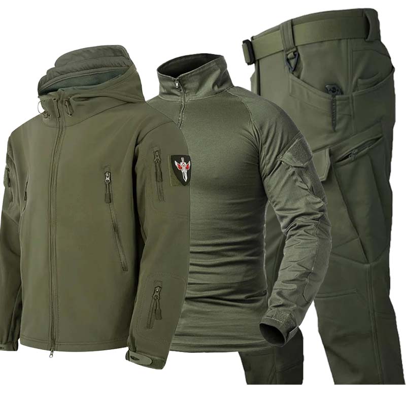 Tactical Military Shirt Cargo - 3-teiliges Herren-Tarnanzug-Set, Kapuzenjacke mit Reißverschluss, Militär-Outdoor-Hose,