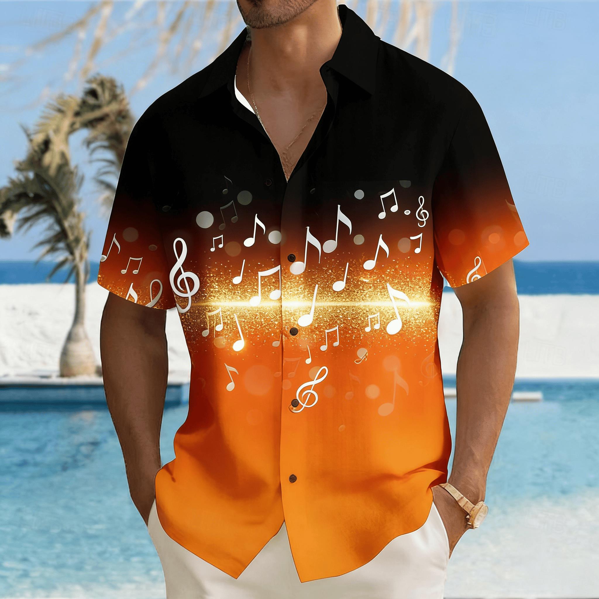 Shirts - Herrenhemd mit Musiknoten- und Violinschlüssel-Print, Kurzarm,