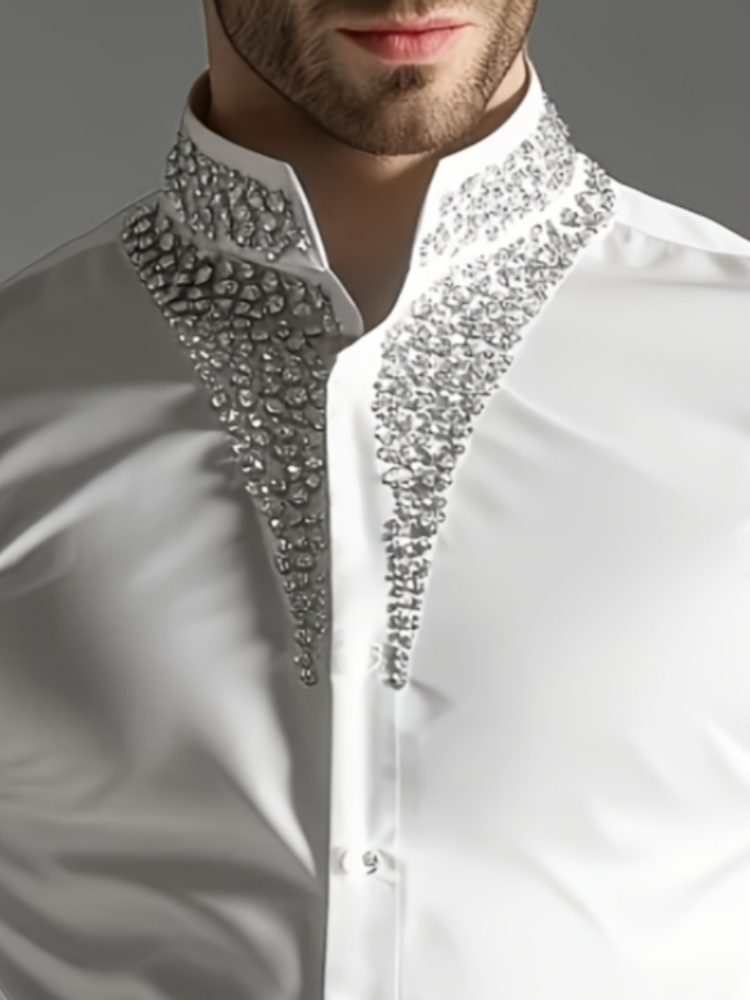 Luxuriöses Strass-Hemd für Her – Mandarin Collar Formal Shirt Slim Fit Bewertung und Preis