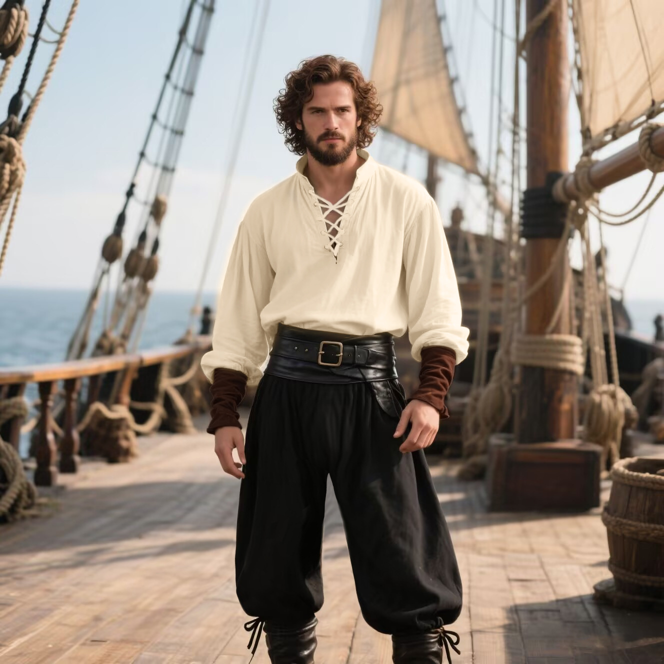 Halloween Piratenkostüm Herren – Medieval Gothic Lace Up Pirate Shirt Bewertung und Preis